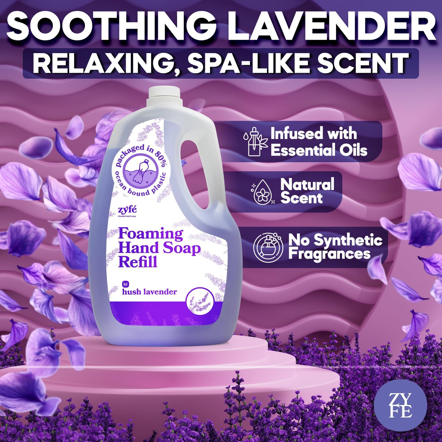 ZYFE Lavender Hand Soap Refills Foam, 64oz Liquid Hand Soap Foam Refill in Recycled Bottle, Natural Handwash Refill with Essential Oils, Biodegradable & Moisturizing