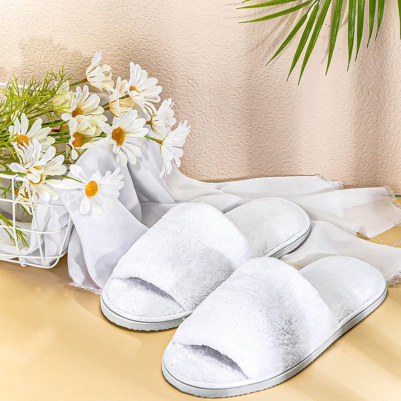 Disposable Velvet Open Toe Spa Slippers - 8 Pairs Non-Slip Travel Footwear | White, Medium