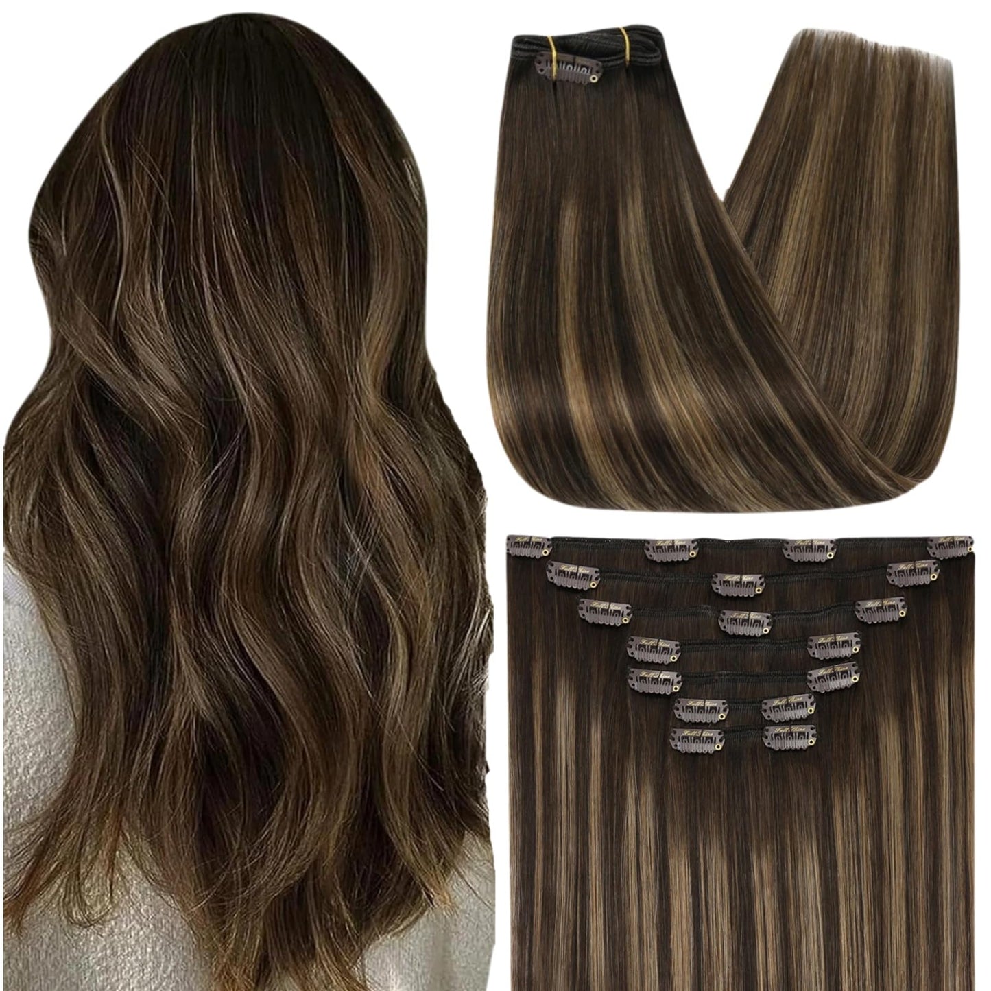 Full Shine Clip in Hair Extensions Human Hair Balayage, 12 Inch 95g