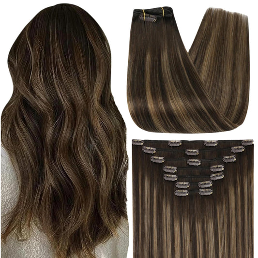 Full Shine Clip in Hair Extensions Human Hair Balayage, 12 Inch 95g