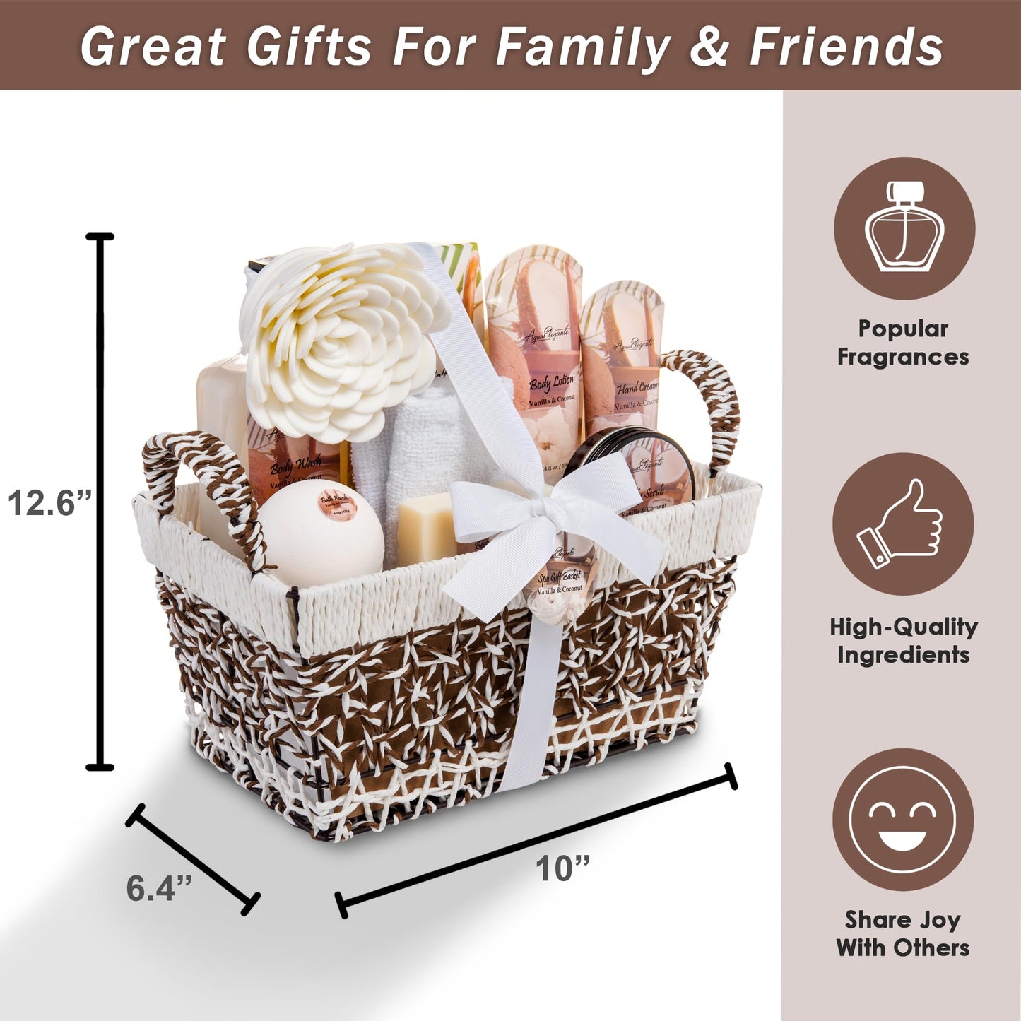 Aqua Elegante Bath Basket For Women - Deluxe Spa Set with Wash, Bubble Bath, Lotion, Salts, Body Scrub, Towel, Shower Puff, Bathbombs, Reusable Basket, Gifts for Mom, Wife, Her - Honey & Almond