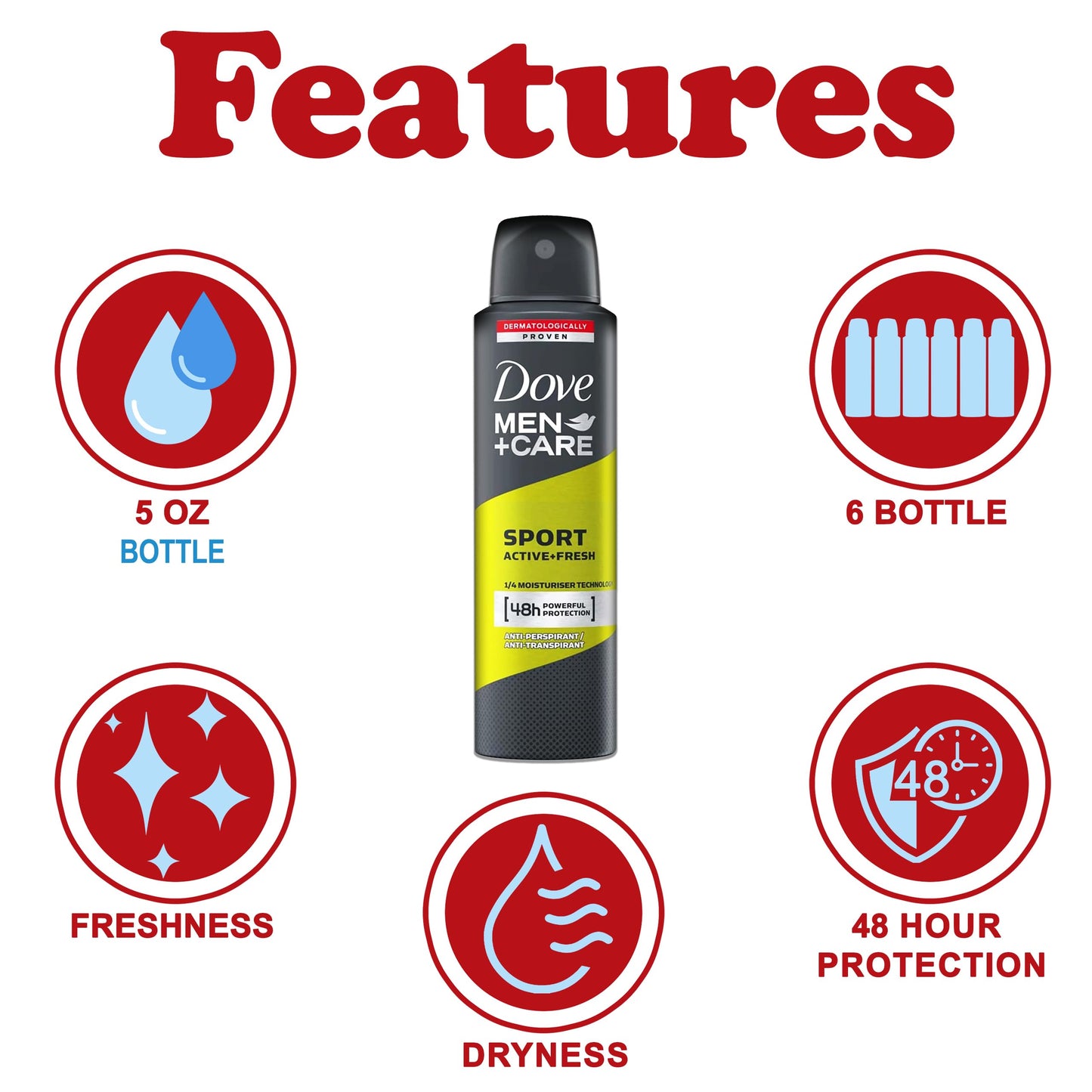 Dove Men+Care Sport Fresh Antiperspirant Deodorant for Men, 6 Pack, Long Lasting 48 Hour Odor Protection, 5 oz. Each