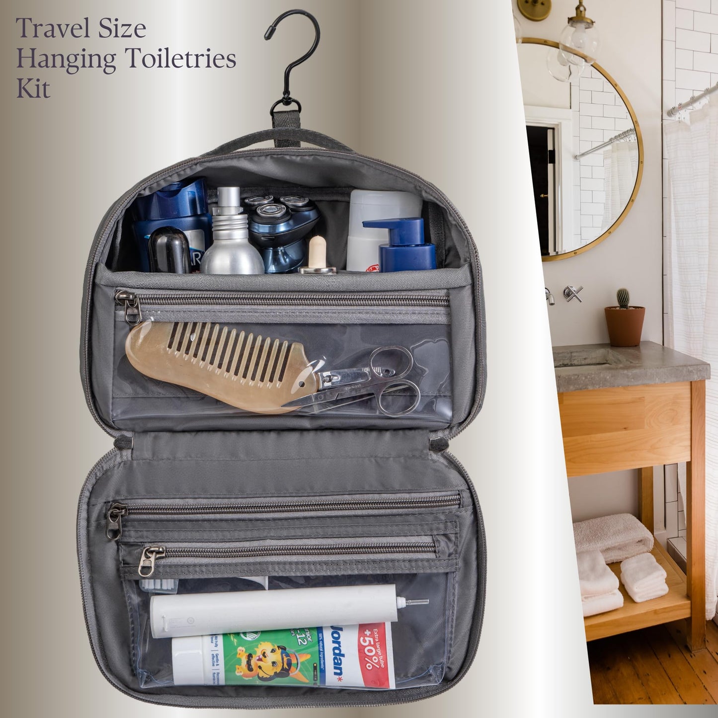 Cumbanho Hanging Toiletry Bag for Men, Toiletries Travel Kit with 360° Swivel Hook, Water-Resistant Nylon Dopp Kit,Shaving Bag with Clear Pockets Used for Trip,Daily or Gift,Graphite Gray