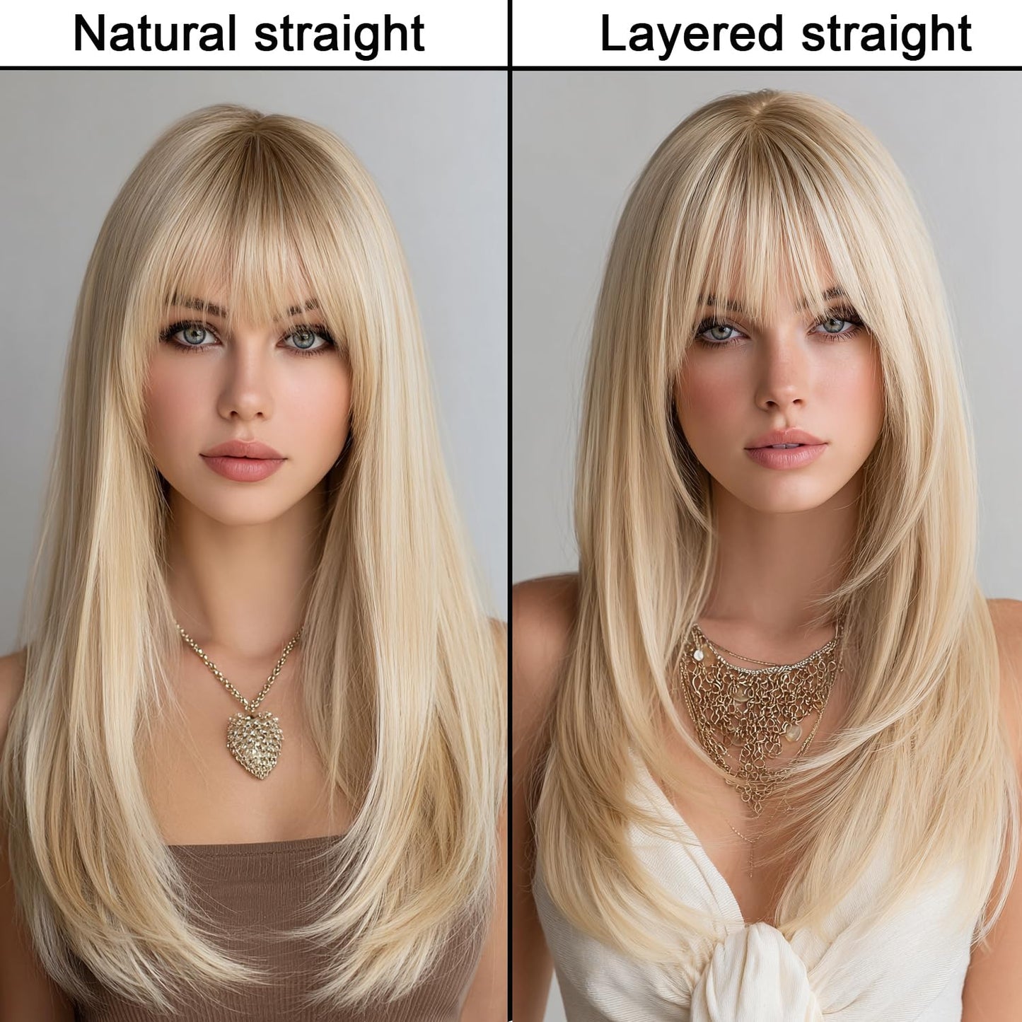 EssionTech 613 Blonde Wig With Bangs Long Wavy Straight Wig with Layered Hair Synthetic Heat Resistant Wigs for Women Daily Party Use 26 Inches