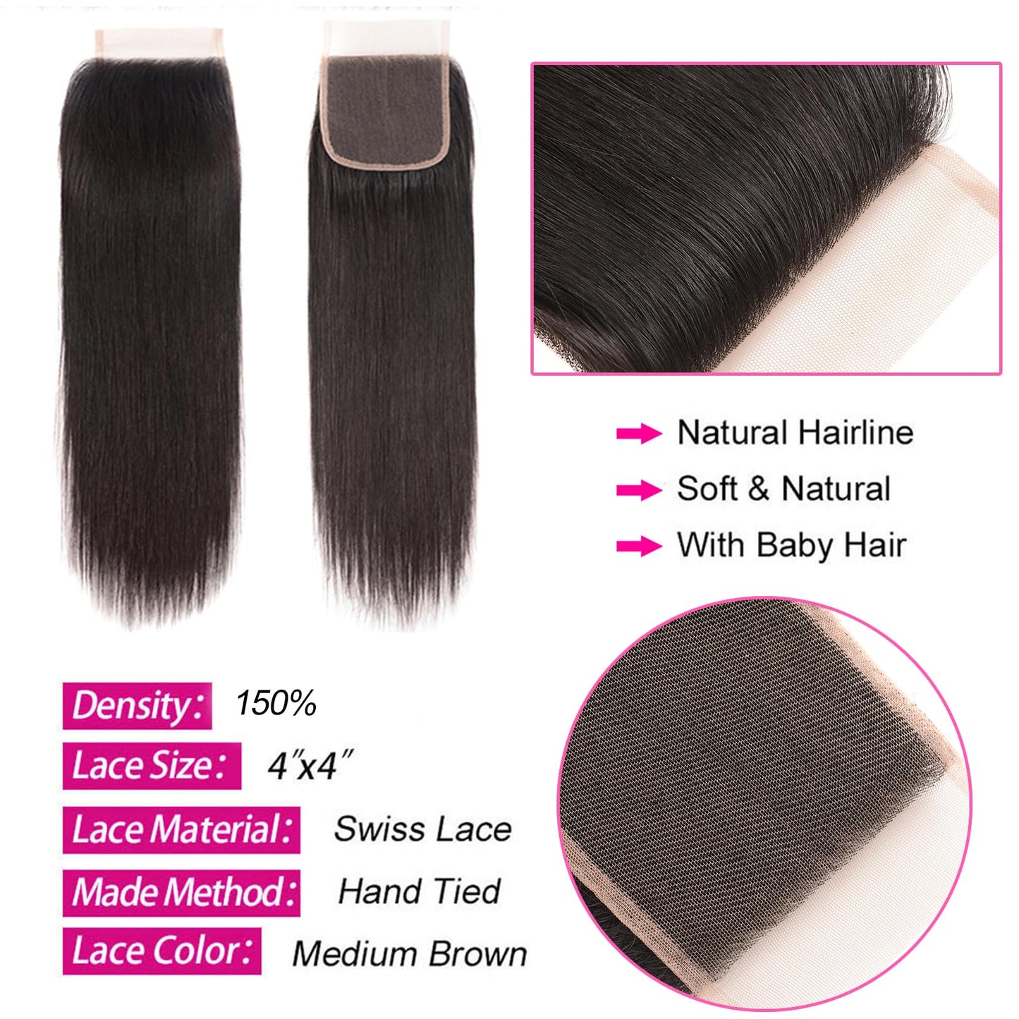 12A Human Hair Bundles Straight 4 Bundles Brazilian Virgin Hair Double Weft Bundles Deals Human Hair Straight Human Hair Extensions (4x4 lace Closure, 18 closure)