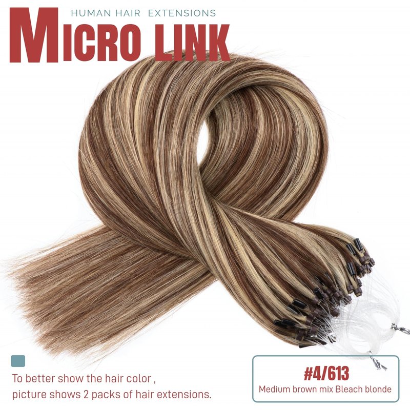 Micro Bead Hair Extensions Human Hair 1g/Strand Micro Link Hair 50g Loop Ring 14 Inch, 4/613 Medium Brown Mix With Blond Bead Hair Extensions