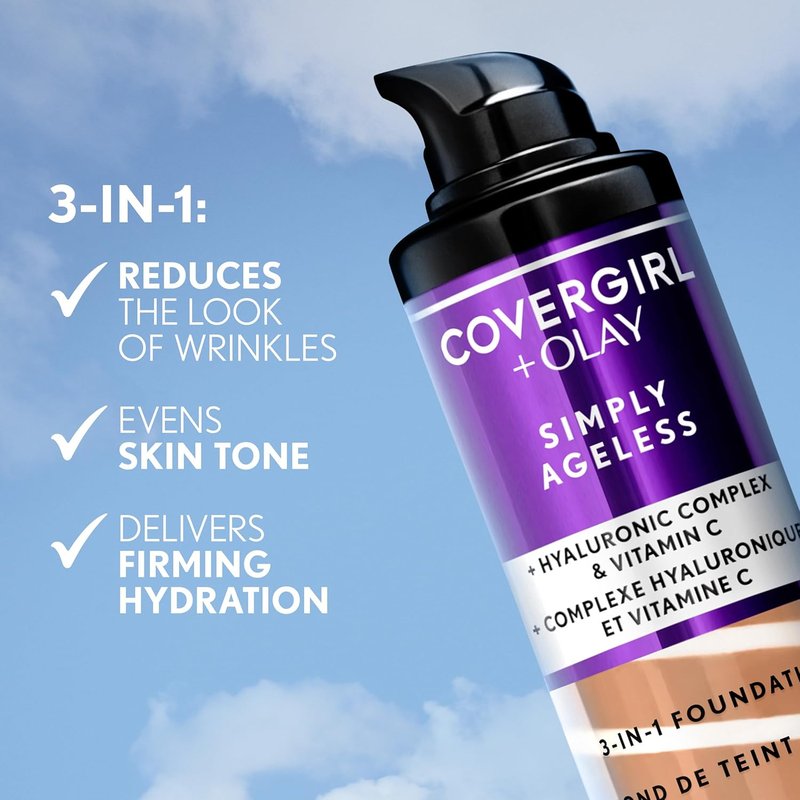 COVERGIRL Simply Ageless 3-in-1 Liquid Foundation - Matte Finish, Hyaluronic & Vitamin C, 200 Fair Ivory, 1 Count