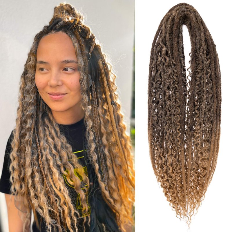 Leeven 30 Strands Double Ended Dreadlock Extensions 24 Inch Thin Synthetic Boho Dreads Ombre Honey Blonde 3 Style Mixed Full Set Wool DE Wavy Curly Hippie Dreads Braid in Soft Viking Dread for Women