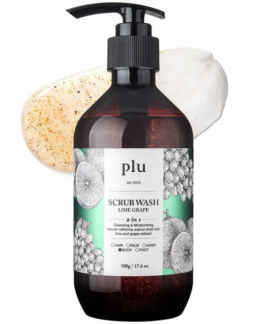 PLU Scrub Body Wash Lime Grape – Korean Exfoliating Body Cleanser - Hydrating, Nourishing, Radiant Glow Skin - Fresh Lime & Green Grape Scent - Hypoallergenic, 16.9 fl.oz.