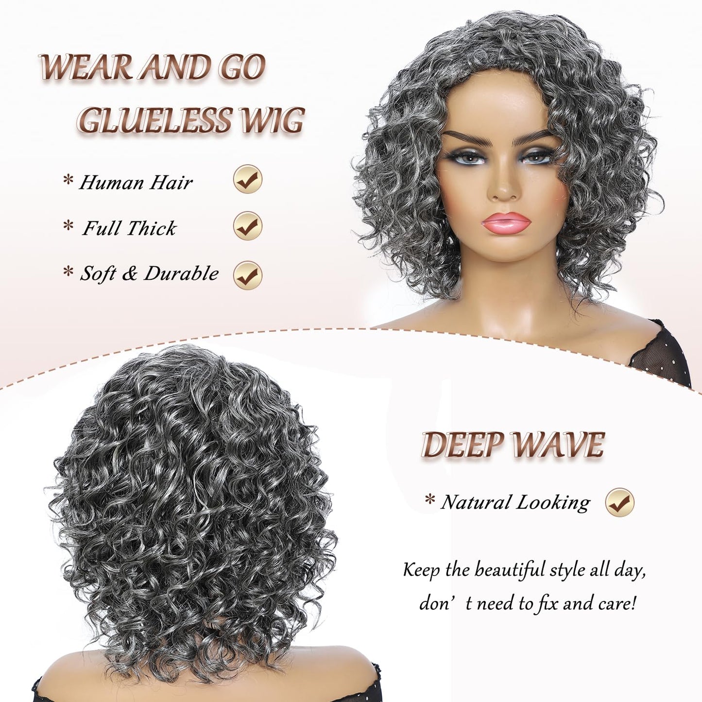 Grey Human Hair Wig for Black Women - 10 Inch Deep Wave Glueless Bob | Perfect for Daily Wear