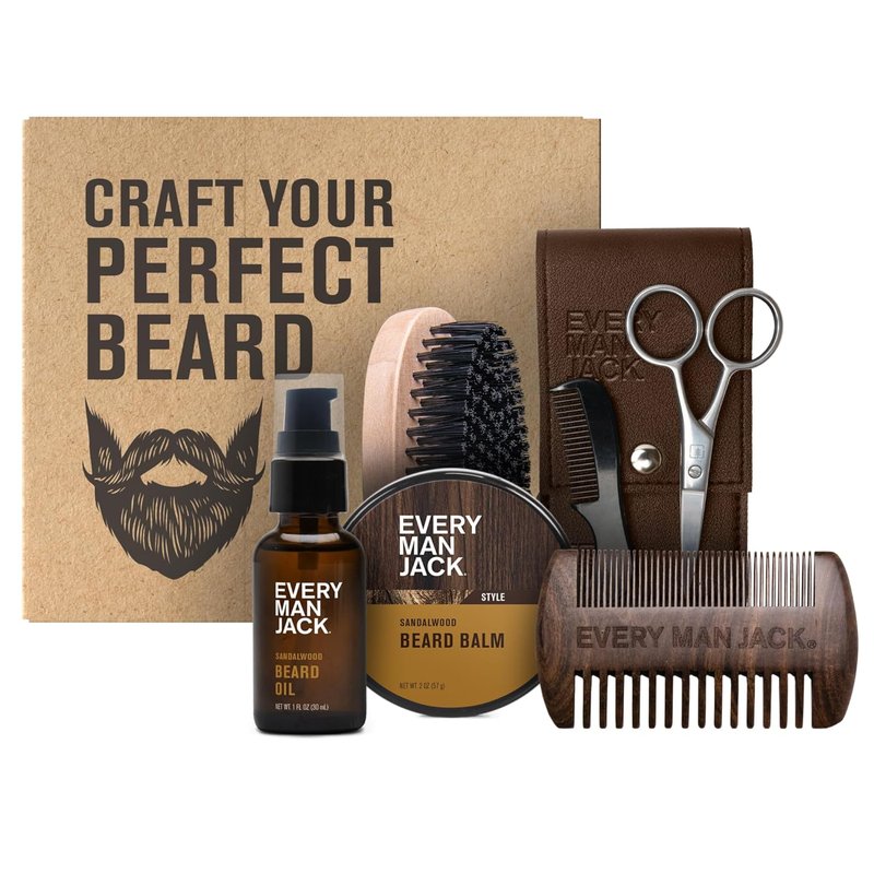 Every Man Jack Beard Grooming Kit - Sandalwood Beard Oil, Balm, Brush & Dual-Sided Comb | Complete Care Set