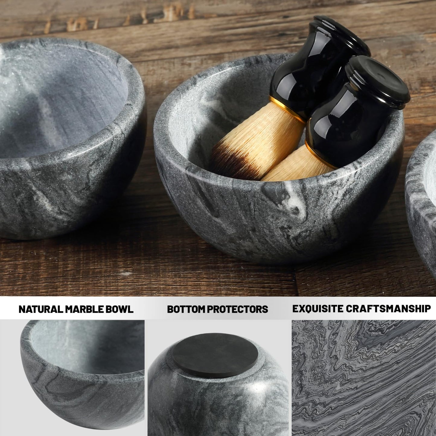 Koville Marble Shaving Soap Bowl 5'' Gray Handmade Shaving Cream Bowl, Marble Bowls For Shaving Foam, Shave Soap Bowl, Shaving Kit Bowl, Shaving Cup Gift for Men with 2 pack Shaving Brush
