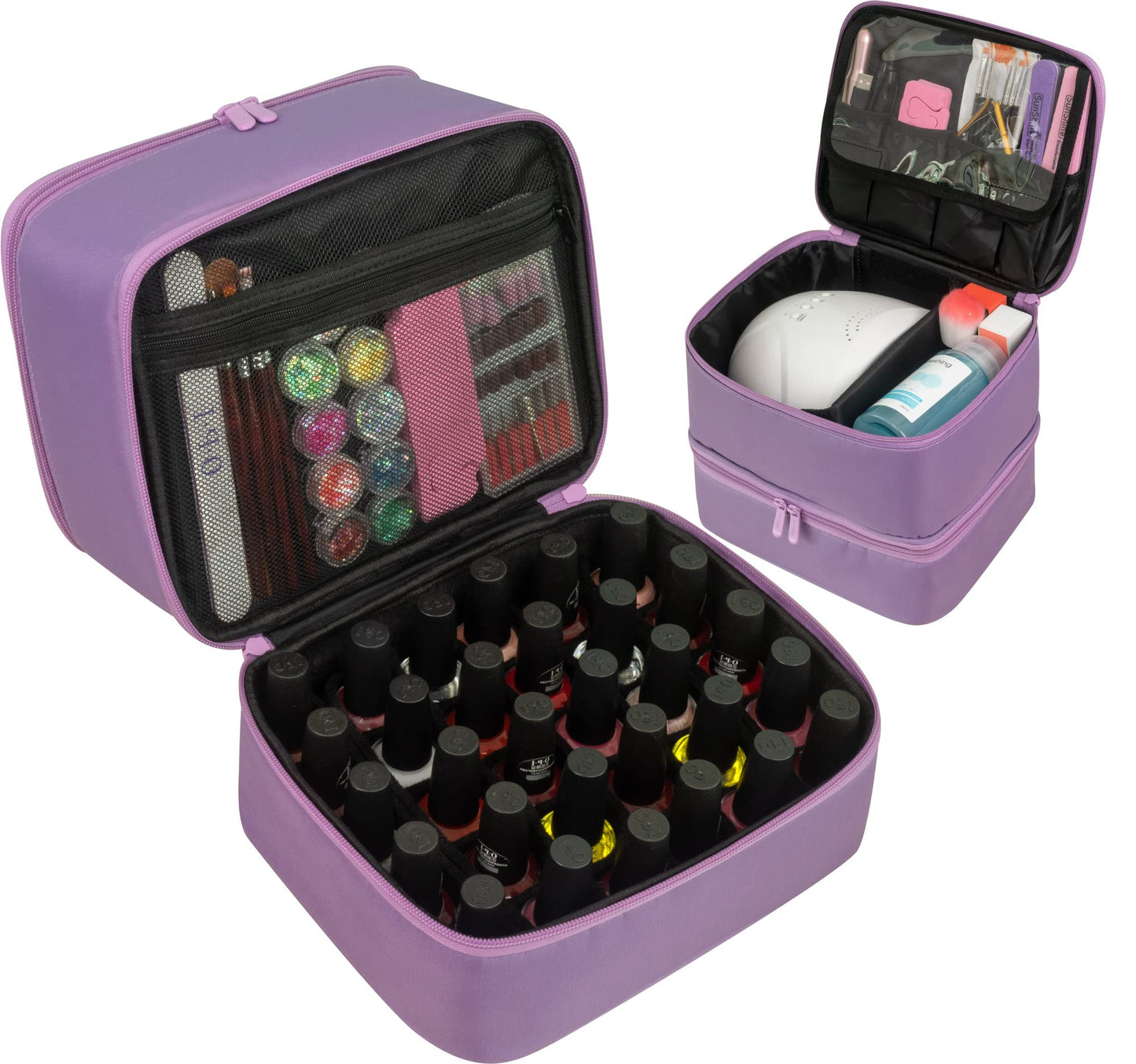 ButterFox Nail Polish Organizer Case Holder Holds 60 Bottles, Fits Nail Lamp, Duble-layer Storage for Nail Supplies and Accessories - Lavender Purple