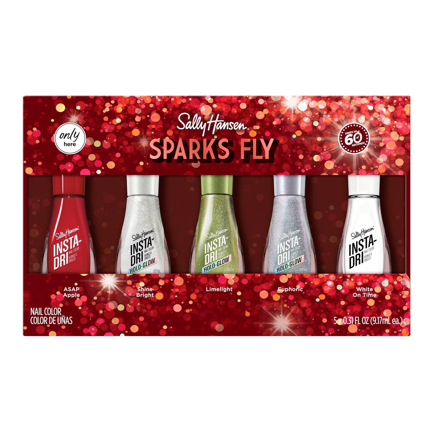 Sally Hansen Insta-Dri Holiday Nail Polish | Quick Dry, Long Lasting, Streak-Free Shine | Semi-Opaque, Glittery | Sparks Fly | Red and Gold Glitter Nail Color