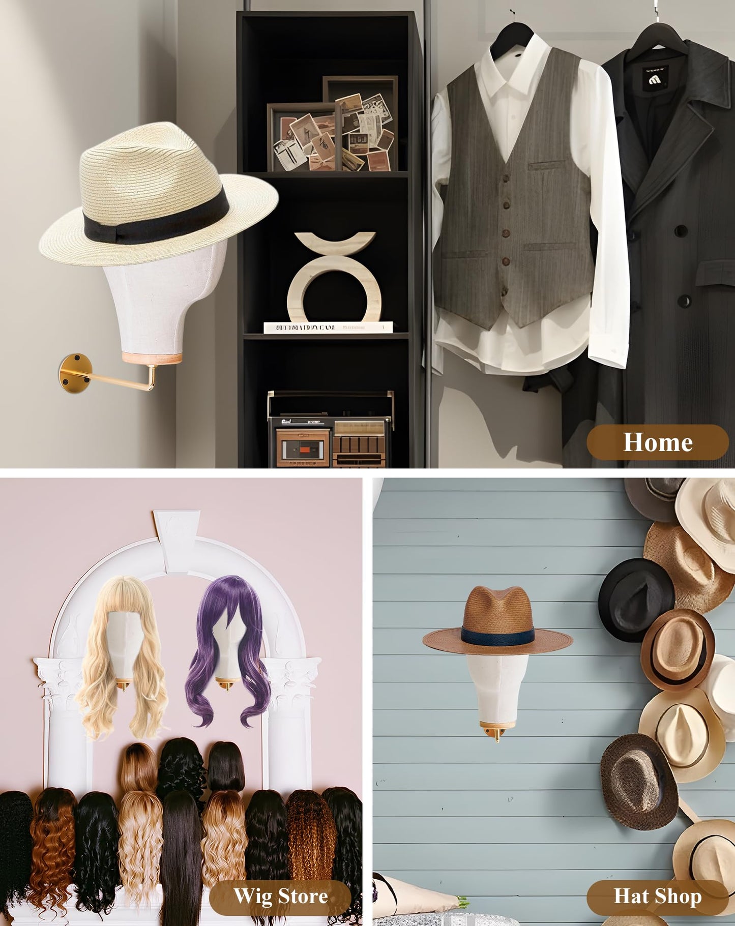 CHADWICK Mannequin Head Wall Mount, Hanging Wig Stand for Wigs, Hats, Lash Mannequin Head, Hat Display Stand, Wig Holder for Multiple Wigs, Wig Storage Hanger, Cowboy Hat Rack (Unpinnable)