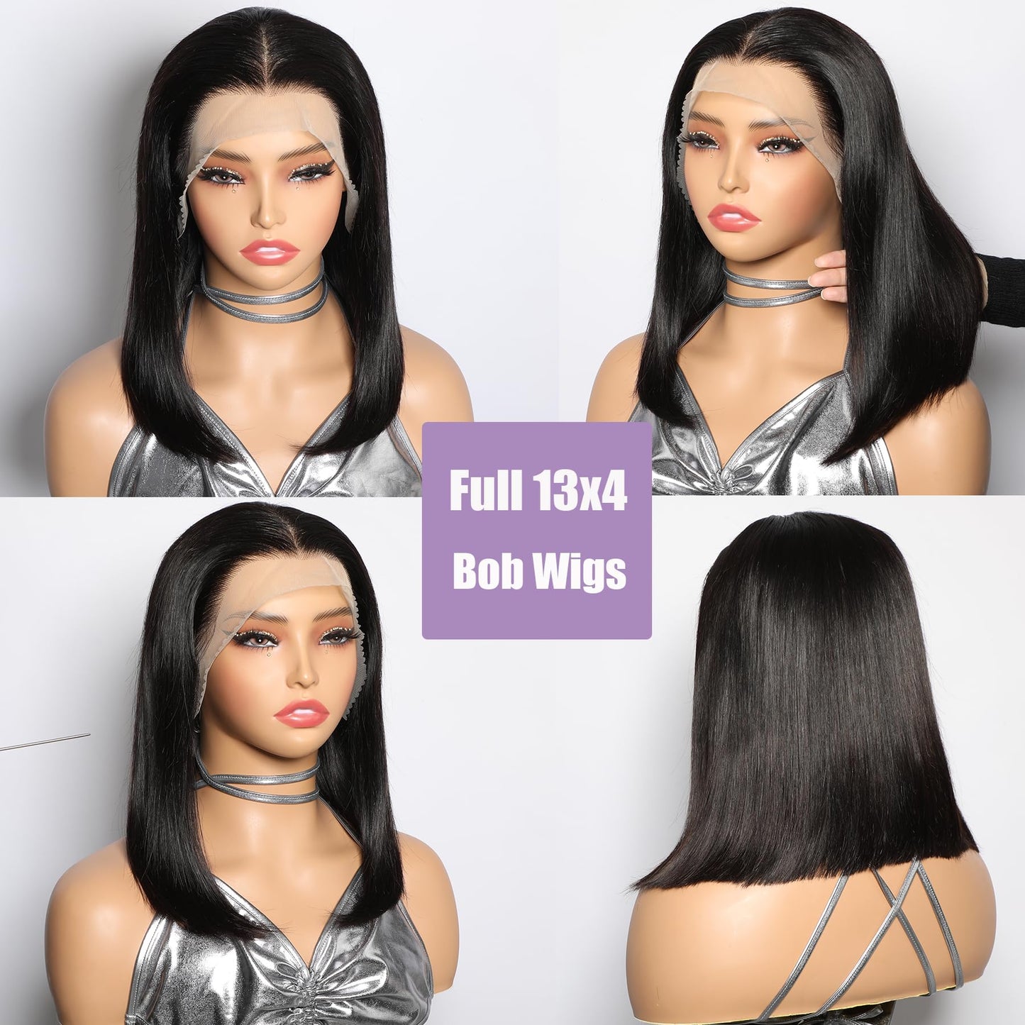 Bob Wig Human Hair 13x4 Straight Lace Front Wigs Glueless Pre Plucked with Baby Hair 100% Brazilian Remy Hair Transparent Lace Frontal Wigs for Black Women - 180% Density Natural Color 8 Inch