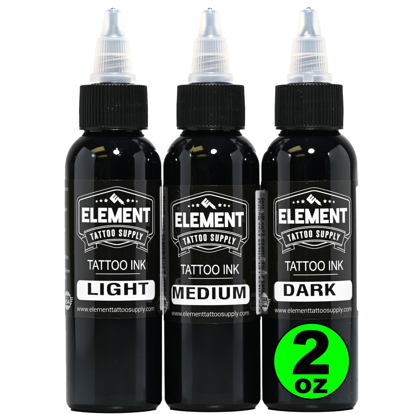 Element Tattoo Supply Greywash Tattoo Ink Set for Professional Tattooing Supplies – Light, Medium & Dark Solid Shades for Outlining, Shading & Blending for Artists – 2 oz Bottle (3 Pack)