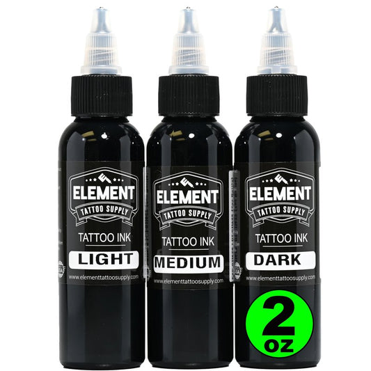Element Tattoo Supply Greywash Tattoo Ink Set for Professional Tattooing Supplies – Light, Medium & Dark Solid Shades for Outlining, Shading & Blending for Artists – 2 oz Bottle (3 Pack)