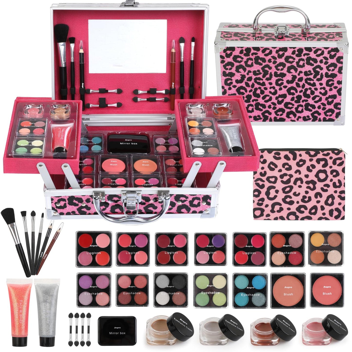 Anpro All-In-One Leopord Double Folding Makeup Kit with Case, Pro Teen Makeup Set, Full Starter Kit with Makeup Brushes, Lipsticks, Eyeshadow Palette, Blushes, Glitter Gel, Ideal Present for Girls