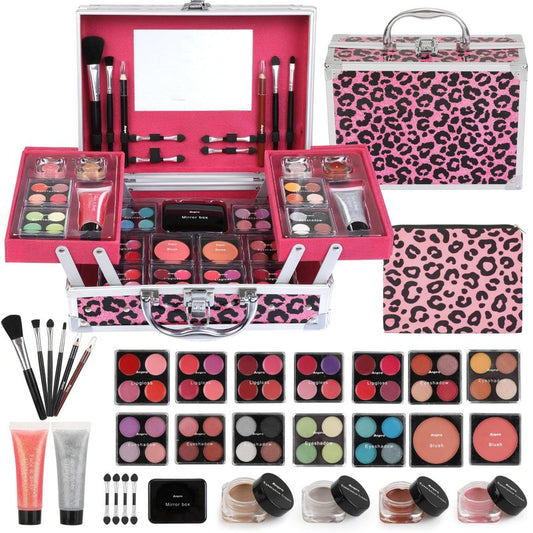 Anpro All-In-One Leopord Double Folding Makeup Kit with Case, Pro Teen Makeup Set, Full Starter Kit with Makeup Brushes, Lipsticks, Eyeshadow Palette, Blushes, Glitter Gel, Ideal Present for Girls