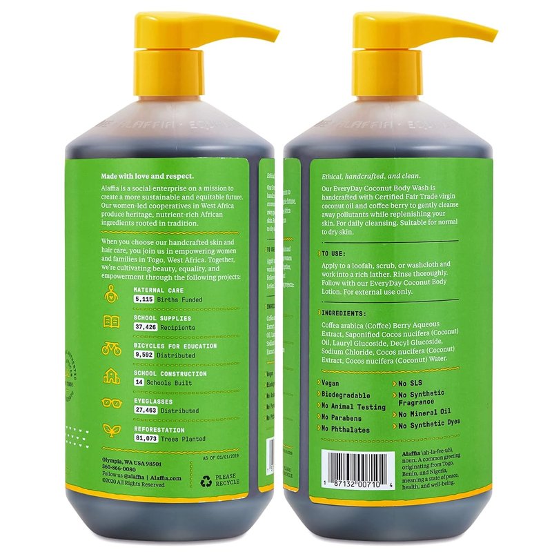 Alaffia Body Wash - EveryDay Coconut Gentle Skin Cleanser for Normal to Dry Skin | 32 Oz Each - 2-Pack