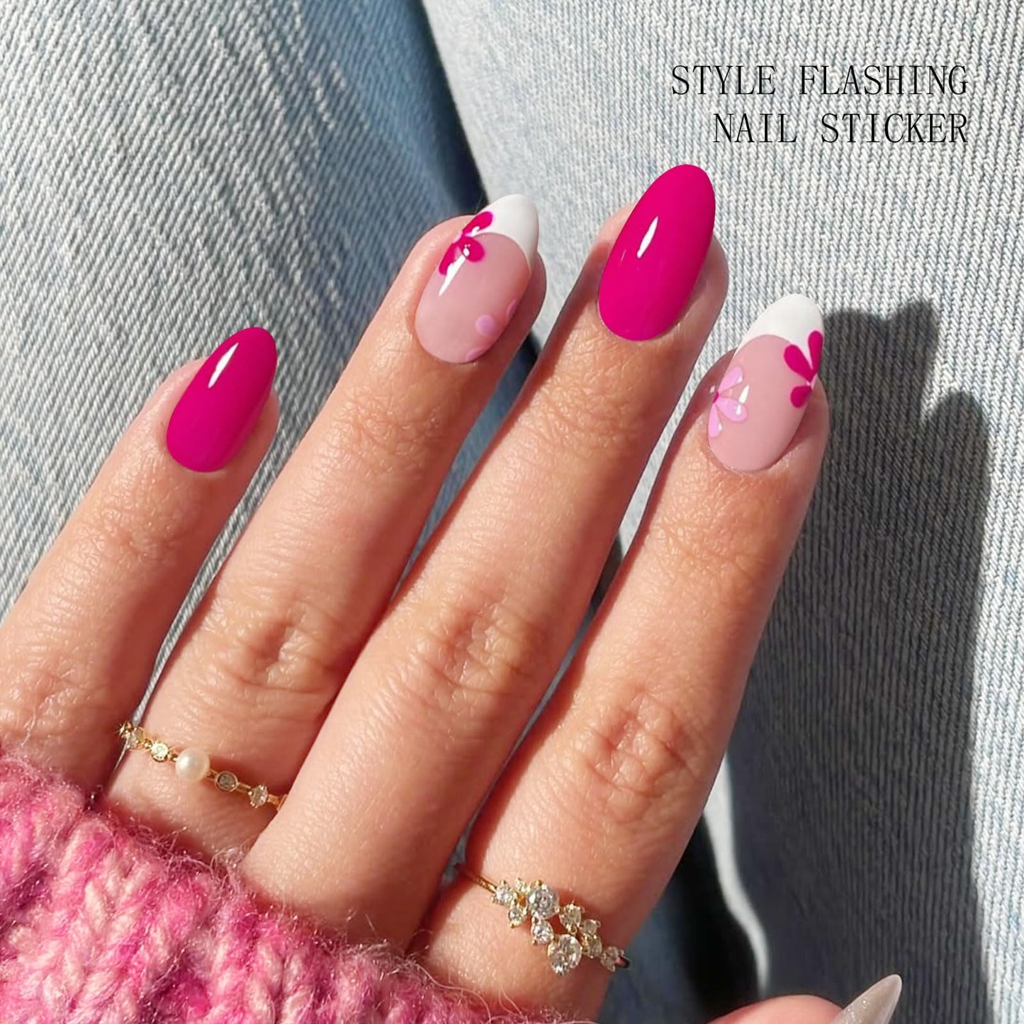 JMEOWIO Gel Nail Stickers Pink Flower French Tip Semi Cured Gel Nail Strips Wraps UV/LED Nails Art Design Decoration Accessories