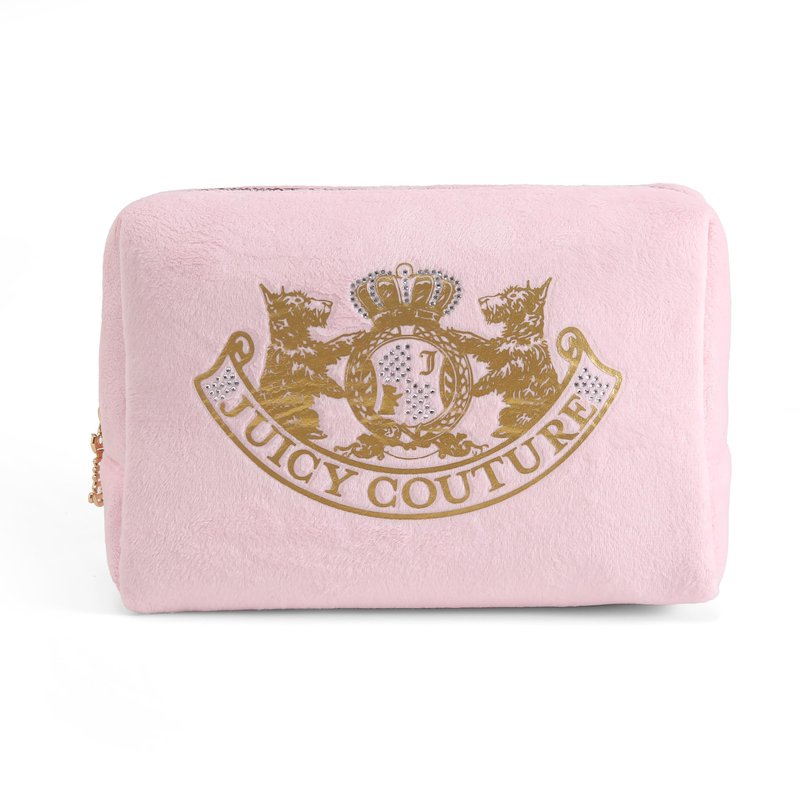 Juicy Couture Pink Makeup Bag Cosmetics Organizer Travel Essentials Zip Top Wedge Gold Terroir Dog Rhinestone Crown Velour
