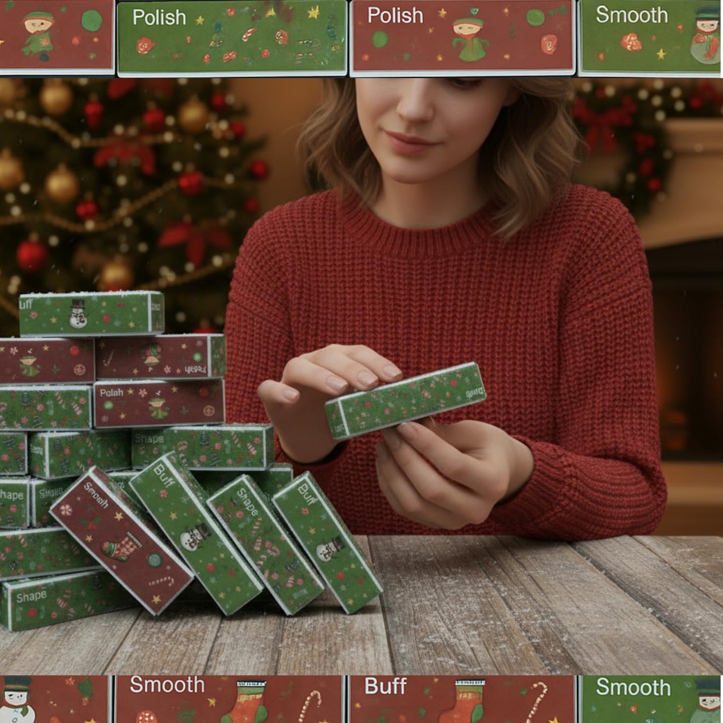FoldTier 50 Pcs Christmas Nail Buffer Blocks Gifts Bulk Xmas Tree Snowman 4 Way Nail Buffer Files for Natural Acrylic Nails Xmas Party Stocking Stuffers Gifts for Women Customers Coworkers Staff