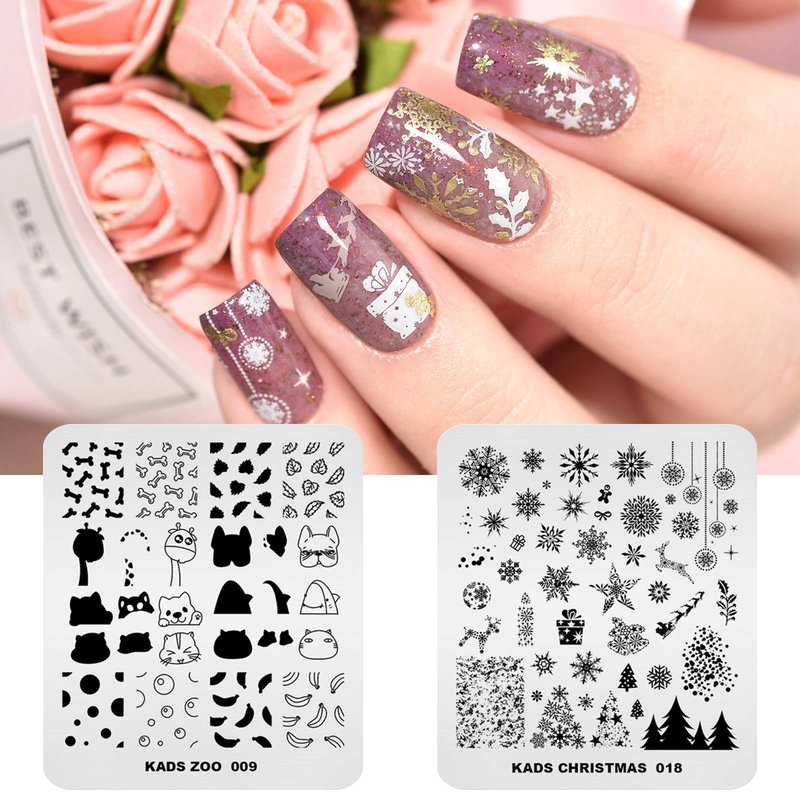 KADS 11pcs Nail Stamp Plates Set 10 Plates Christmas Snowflakes Cute Animals+ 1 Laser Symphony Storage Bag Christmas Nails Art Stamping Plate Set Leaves Flowers Animal Nail Plate Template Image Plate