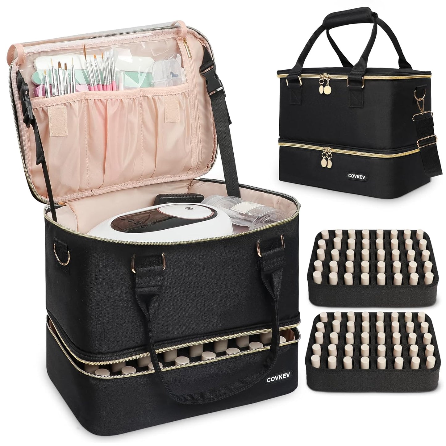 Nail Polish Organizer - Holds 80 Bottles & Nail Lamp | Double Layer Travel Case with Handle - Black & Gold