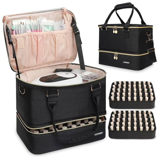 Nail Polish Organizer - Holds 80 Bottles & Nail Lamp | Double Layer Travel Case with Handle - Black & Gold