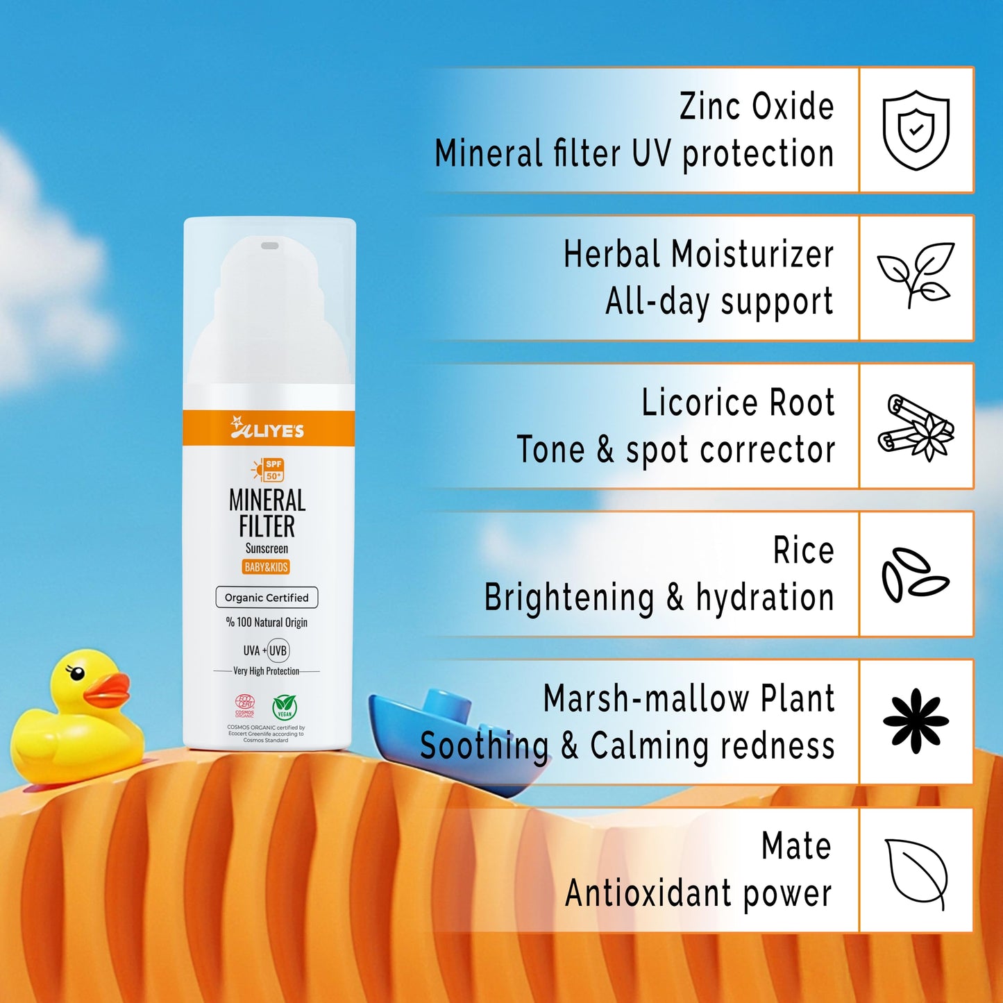 ALIYES SPF 50+ Organic Baby&Kids Mineral Sunscreen – Safe for Babies - Water Resistant Sun Cream – Broad Spectrum UVA/UVB Sun Protection – Vegan Baby Sunscreen Lotion, 1.69 FL