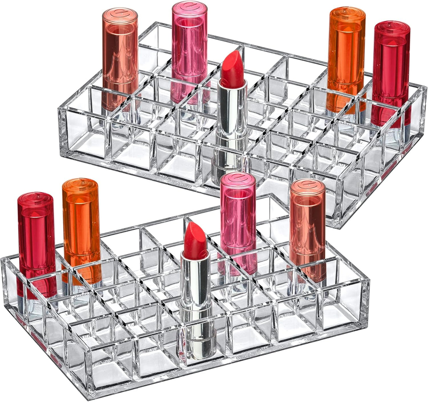 Acrylic Lipstick Organizer - 2-Pack 24-Slot Holder for Lipsticks & Gloss | Perfect for Drawers & Vanities (1.0" x 1.0" Slots)