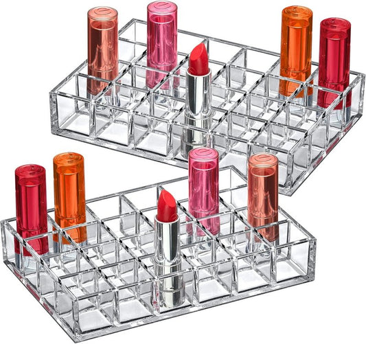 Acrylic Lipstick Organizer - 2-Pack 24-Slot Holder for Lipsticks & Gloss | Perfect for Drawers & Vanities (1.0" x 1.0" Slots)