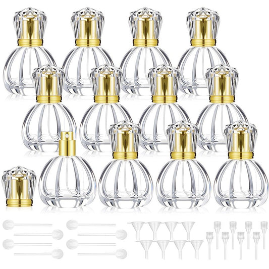 Teenyyou 12 Pack 50ml/1.7oz Refillable Glass Perfume Spray Bottles, Empty Crystal Glass Fragrance Spray Bottles Bulk, Vintage Atomizer with Refill Tool for Travel, Home Decor(Pumpkin Gold)