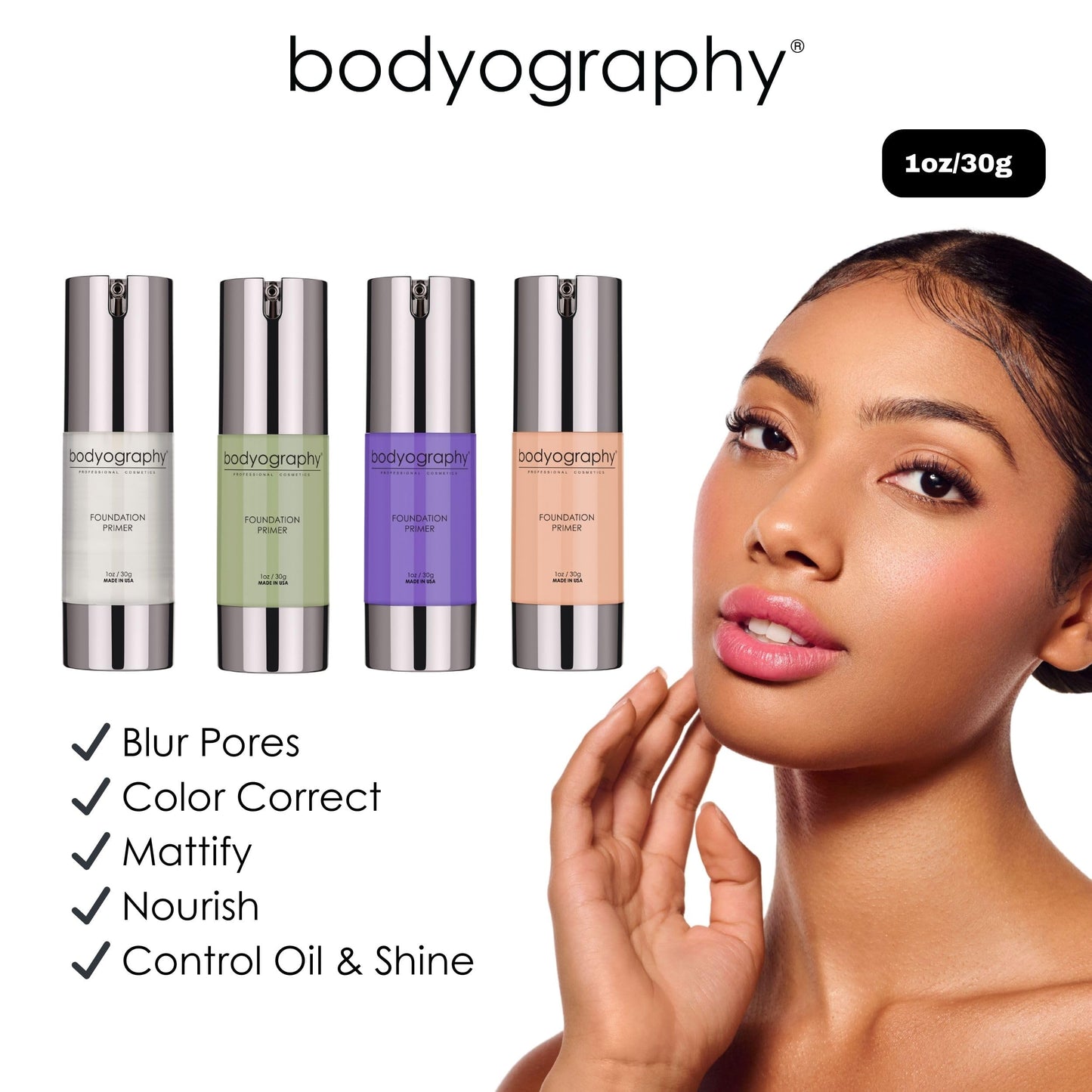 BODYOGRAPHY Foundation Primer | Flawless Anti-Aging Makeup Base with Vitamin E, A, Jojoba & Grapeseed Oil | Shine Control, Smooth Finish | Salon-Quality, Gluten-Free, Cruelty-Free | 1 oz