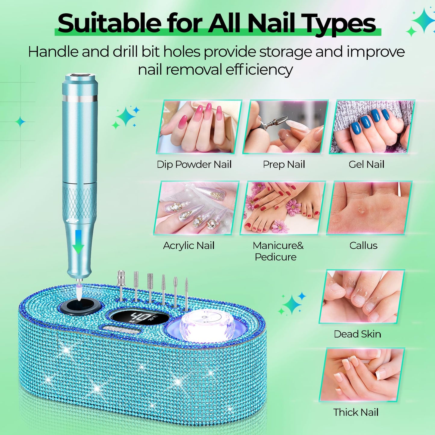 JOSGLOI Electric Nail Drill Professional: Shiny 40000RPM Electric Nail File Kit E File Nail Drill Machine with LCD Display for Acrylic Gel, Manicure Pedicure Polishing Grinder for Salon Home, Diamond