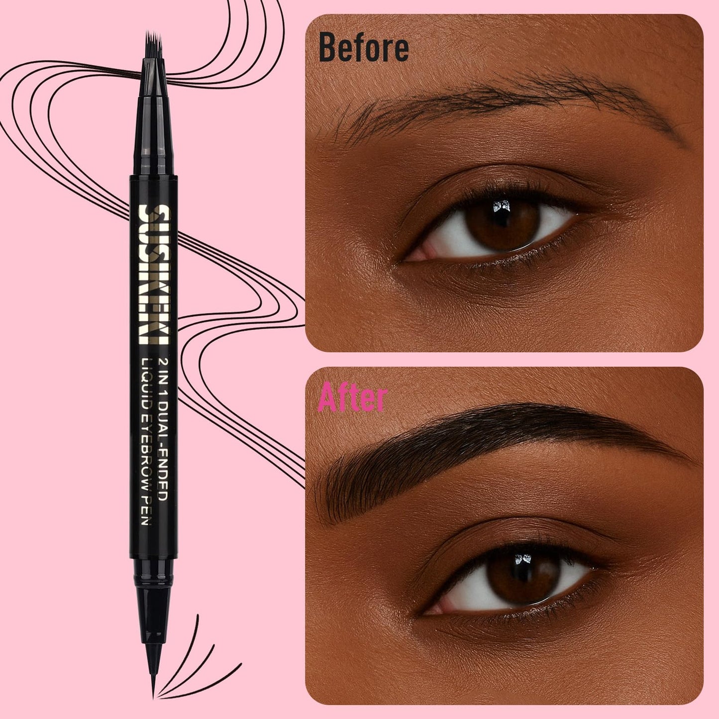 SUSIKEKI Dual Ended Microblading Eyebrow Pen - 2 in 1 Liquid Eyebrow Pencil with Brow-Fection Angled Brush & Precise Detail Brush-Tip, Shapes & Fills Natural Looking Brows, Lasts All-Day, Soft Black