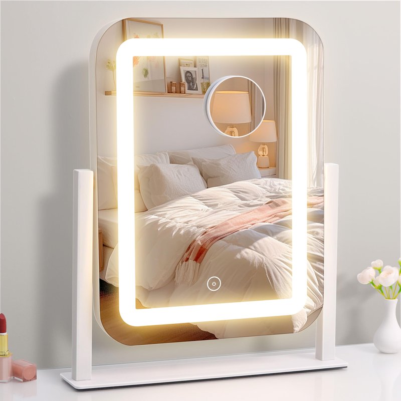 Shinerva Vanity Mirror with Lights,12"×14.6" LED Makeup Mirror,Lighted Makeup Mirror with Lights, Smart Touch Control Dimmable 3 Modes Light, Lighted Up Mirror for Makeup Desk, Bedroom, Dressing Room