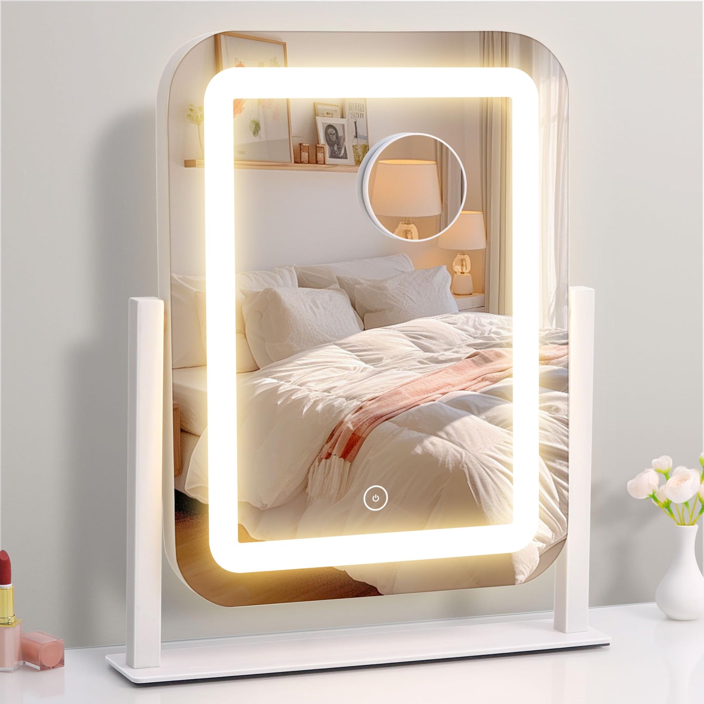 Shinerva Vanity Mirror with Lights,12"×14.6" LED Makeup Mirror,Lighted Makeup Mirror with Lights, Smart Touch Control Dimmable 3 Modes Light, Lighted Up Mirror for Makeup Desk, Bedroom, Dressing Room