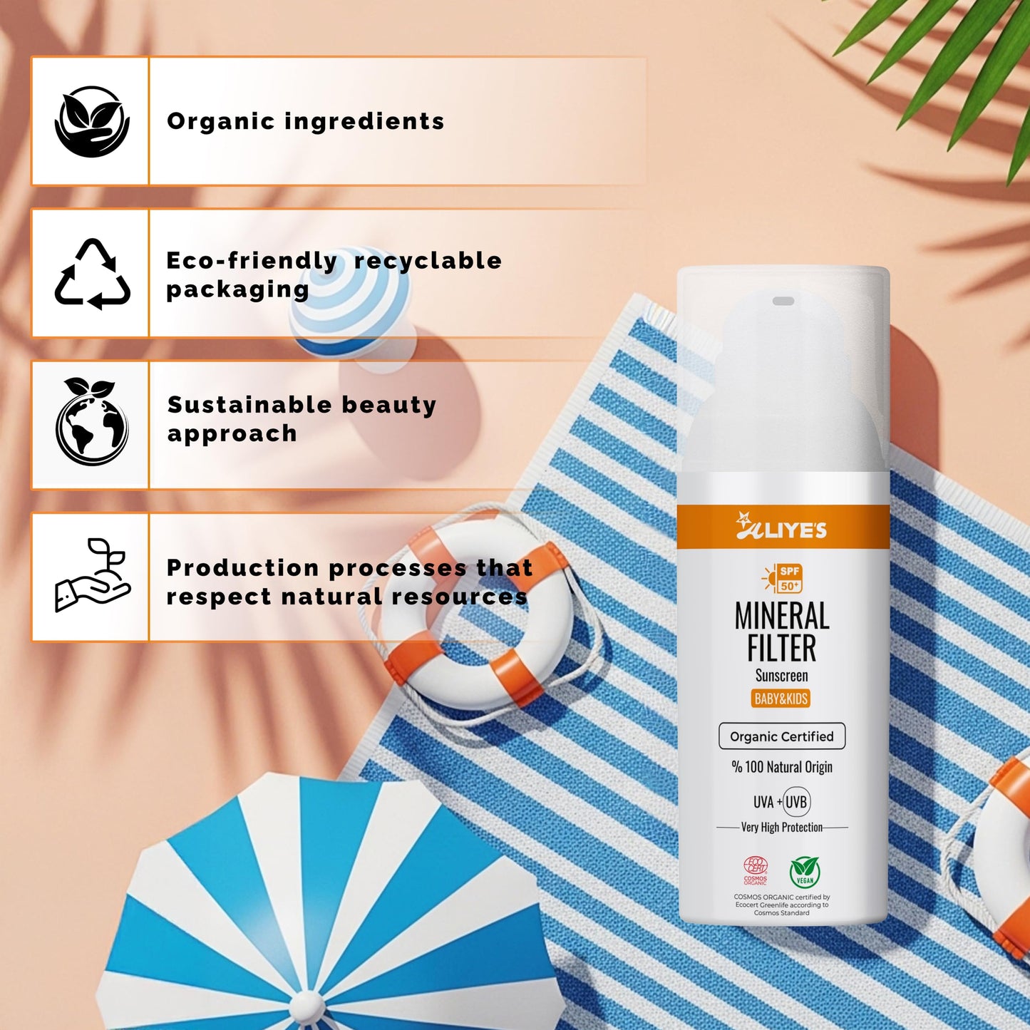ALIYES SPF 50+ Organic Baby&Kids Mineral Sunscreen – Safe for Babies - Water Resistant Sun Cream – Broad Spectrum UVA/UVB Sun Protection – Vegan Baby Sunscreen Lotion, 1.69 FL