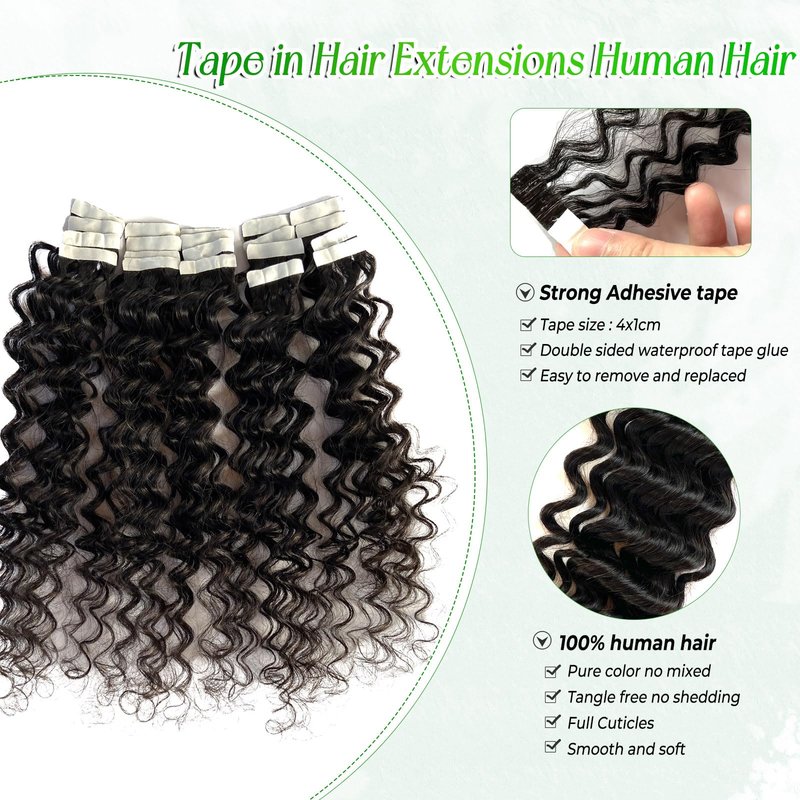 Deep Wave Tape in Hair Extensions Human Hair,20 Inch Black Hair Extensions Real Remy Human Hair Curly Tape ins for Black Women,20pcs Double Sided Invisible Tape Hair Extension 50g/pack