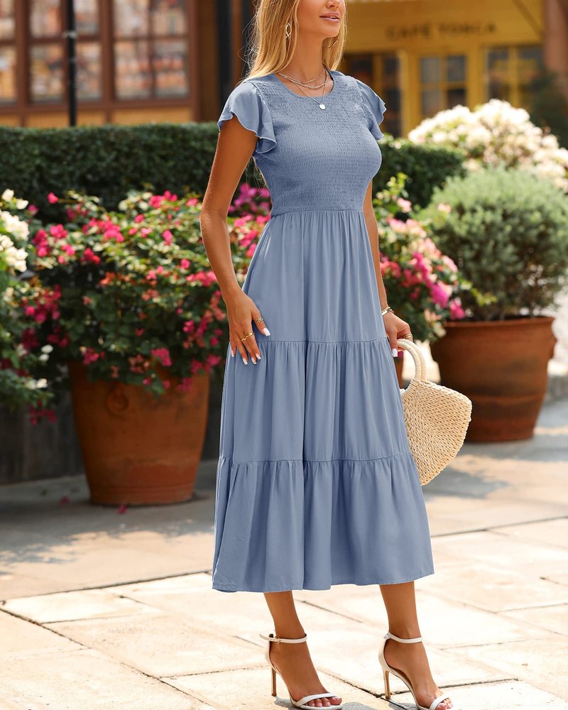 BTFBM Women Casual Short Sleeve Crew Neck Summer Dress Bohemian Floral Printed Flowy Maxi Dresses Tiered Cocktail Dress (Solid Light Blue, XX-Large)