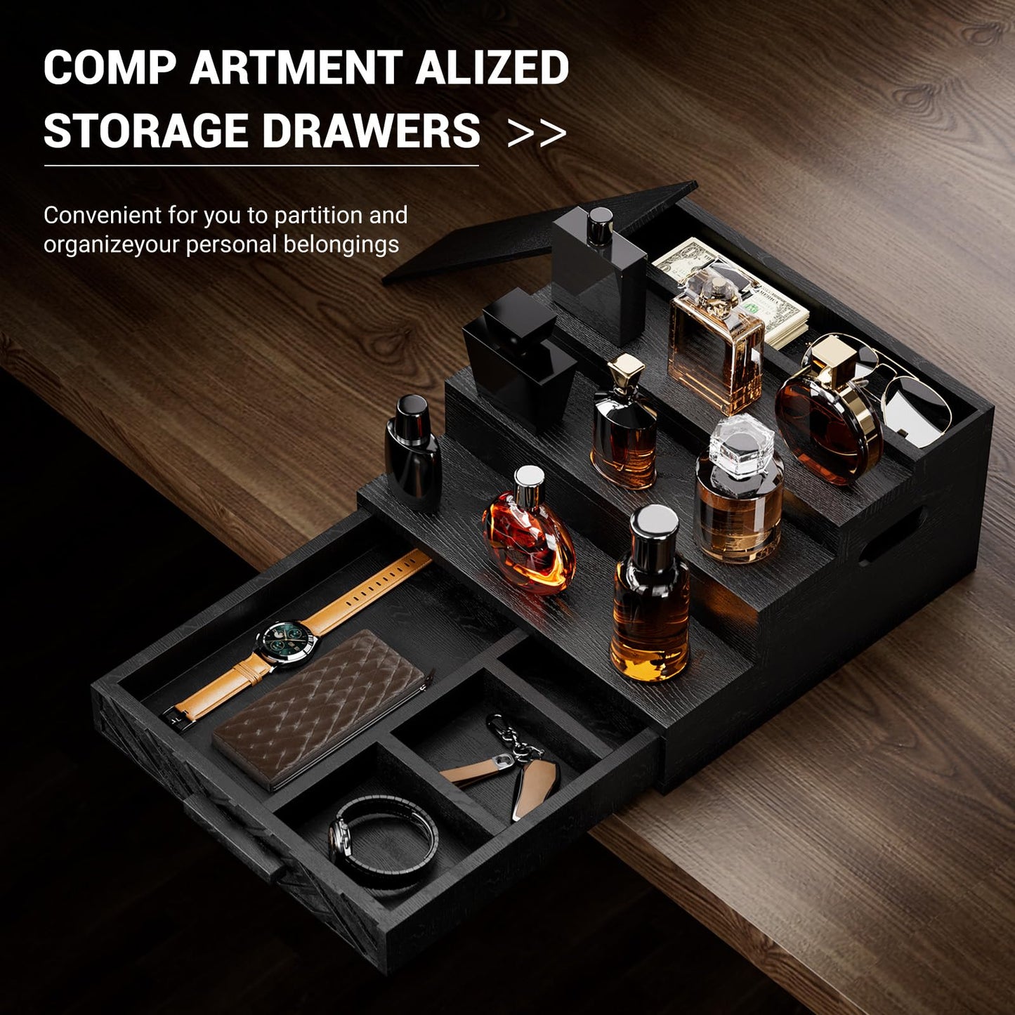 Wood Cologne Organizer for Men,12 Inch Black Cologne Stand with Drawer and Hidden Compartment Perfume Organizer for Dresser,Wooden Display Risers Stand for Perfume Makeup,Figures,A Gift for Men