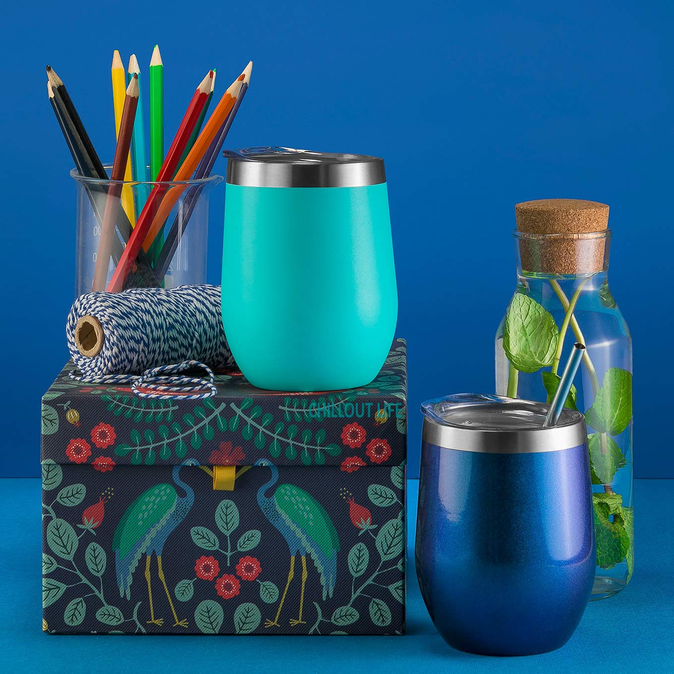 CHILLOUT LIFE 12 oz Stainless Steel Wine Tumbler with Lid - Double Wall Vacuum Insulated Wine Cup Glass Keeping Cold & Hot for Coffee, Champagne, Cocktails, Ice Cream - Powder Coated Aqua Blue