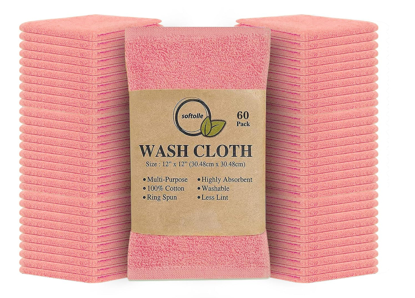 Softolle 100% Cotton Washcloths 60 Pack (12x12 Inches) Soft, Highly Absorbent Washcloth, Face Towels, Wash Cloths for Face, Ring Spun, Bulk Pack (Pink)