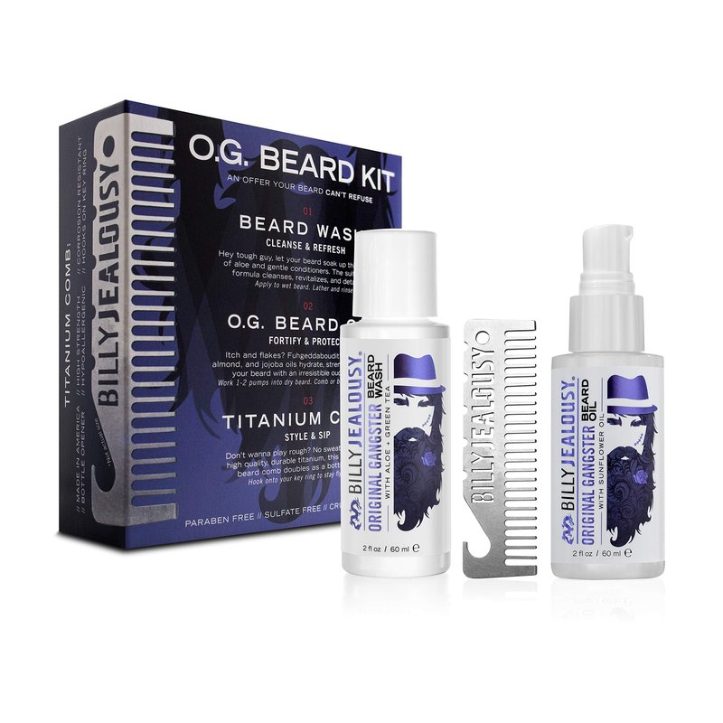 Billy Jealousy Original Gangster Beard Kit with Trave Size Beard Wash, Oil and Titanium Keychain Comb to Cleanse, Stengthen & Soften Facial Hair, Oud Wood Scent