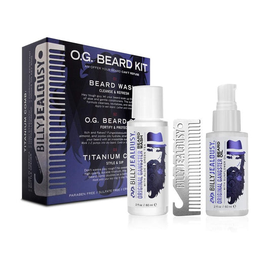 Billy Jealousy Original Gangster Beard Kit with Trave Size Beard Wash, Oil and Titanium Keychain Comb to Cleanse, Stengthen & Soften Facial Hair, Oud Wood Scent
