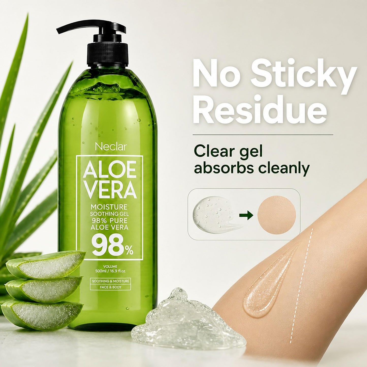 Neclar 98% Pure Aloe Vera Gel for Sunburn Relief - Big 33.8oz / 1000ml - Korean After Sun Care lotion For Face, Skin and Hair - Sun Burn Moisturizer Cream (33.8 Fl oz)
