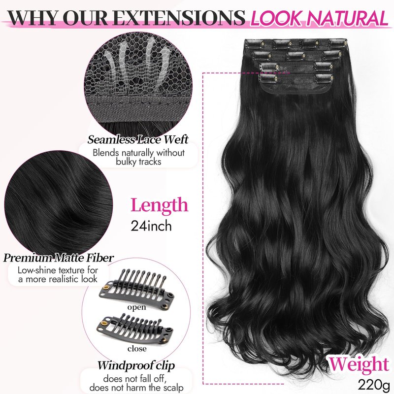 KooKaStyle Clip In Hair Extensions, Natural Long Layered Soft Invisible Synthetic Curly Wavy Hairpieces for Women, 4 pcs (20 Inch, Black)